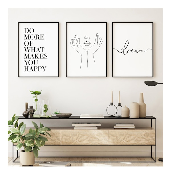 Lot de 3 impressions d'art en noir et blanc sans cadre. Art moderne pour la maison, trio d'estampes contemporains, décoration murale pour la maison. Dessin au trait