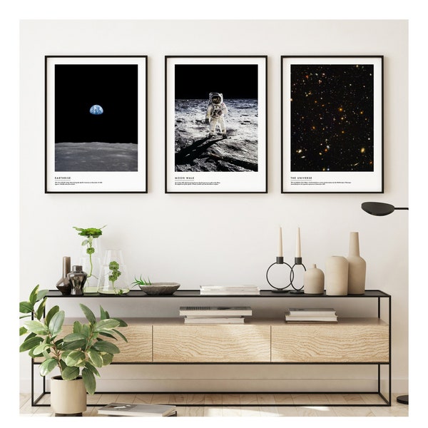 Hedendaagse set van drie iconische Space ingelijste prints, Moonwalk Earthrise Universe-posters van prints Apollo Nasa