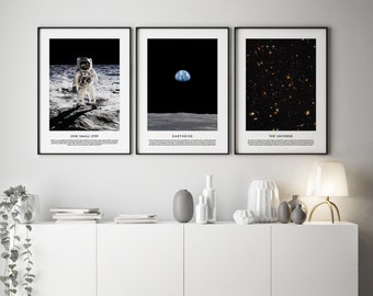 A Set Of Three Space Prints Moonwalk Earthrise Universe Posters Apollo Nasa Contemporary Home Wall Decor Art