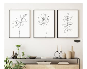 Floral Line Art Schwarz-Weiß-Drucke