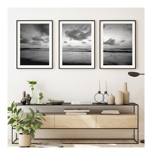 Set van drie zwart-wit zee prints voor thuis, muur decor kunst, set prints voor thuis, zwart-wit