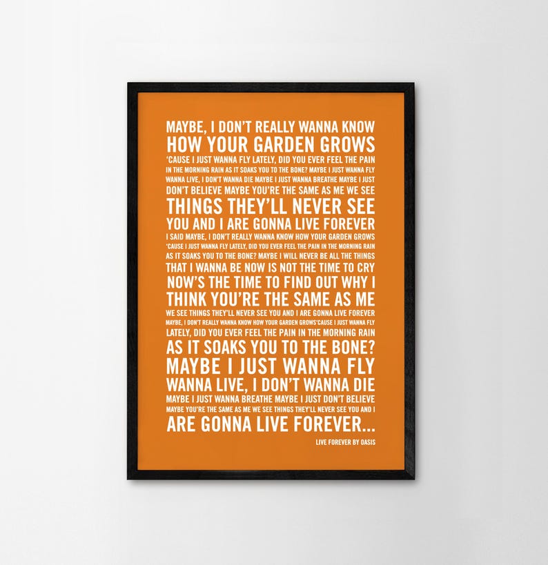 May include: An orange background with white text, the lyrics to the Oasis song "Live Forever". The lyrics are printed in a bold, sans-serif font. The text is framed in a black frame.