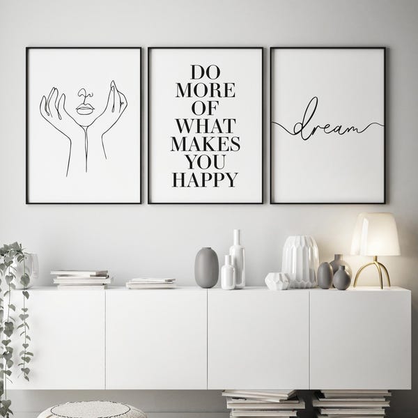 Set of 3 Unframed Black and White Art Prints. Modern Art for home, Contemporary trio prints, Home Wall Decor. Line Art