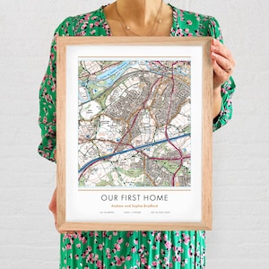 La tua mappa personalizzata del luogo preferito nel Regno Unito. Realizzata su misura. Mappe OS. Per proprietari di casa. Regalo. Inaugurazione della casa. Arte incorniciata. Casa