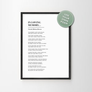 Op de afbeelding: Een zwart-witte printbare gedicht met de titel "In liefdevolle herinnering..." van Carole Helena Brown. Het gedicht is een eerbetoon aan iemand die is overleden. Het gaat over de pijn van verlies, de engelenvleugels en de erfenis die de persoon heeft achtergelaten.