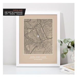 Stampa personalizzata della mappa della casa del Regno Unito su misura Regalo fatto a mano per il nuovo proprietario di casa Qualsiasi indirizzo del Regno Unito Codice postale Città Villaggio