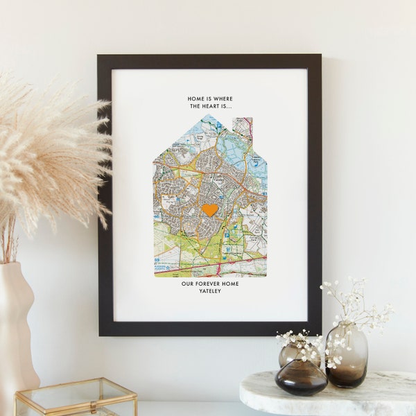 Personalised Our Home Map Print, Custom Made gift for new home, map of home personalised address with heart