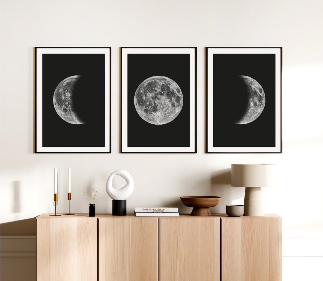 Set of 3 Black and White Moon Phases Prints. Home Wall Decor. Printing ...