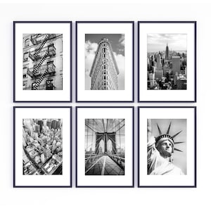 Set of 6 Black and White New York City Unframed Prints, NYC prints, modern landmark posters of New York, monochrome NYC prints