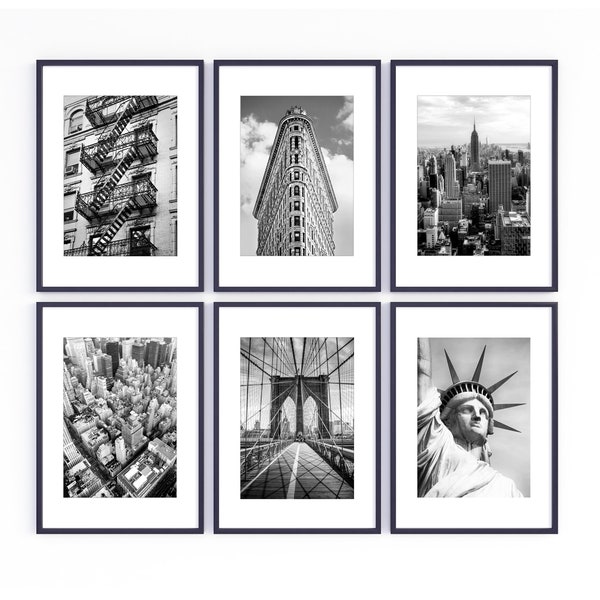 Set van 6 zwart-witte New York City-prints, NYC-prints, moderne monumentale posters van New York, monochrome NYC-prints