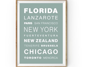 Personalised 'Favourite Destinations' Print, Custom Made print for favourite places, typography style destinations print for home