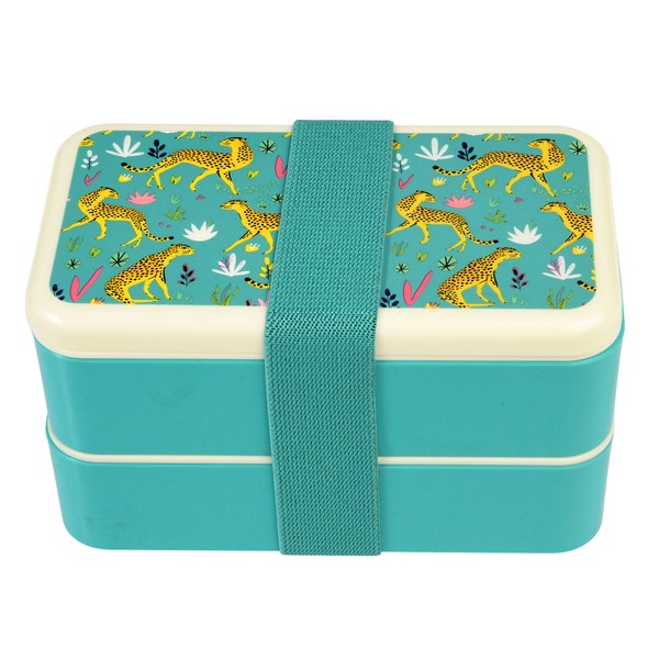 Adult Bento Box, Cheetah Design, Compact lunch box with fork and spoon, food organisation, lunch box for children with cutlery