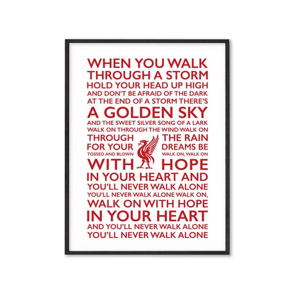 Je zult nooit alleen lopen Lyrics digitaal bestand poster Liverpool Home Wall Decor LFC lever vogel