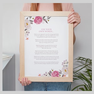 Utilice sus propias palabras florales hechas a medida. Impresión personalizada. Póster de letras de poemas favoritos, regalo de lectura funeraria de aniversario de boda, 8x10, A4, A3