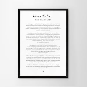 Könnte beinhalten: Ein gerahmter Druck mit schwarzem Rand zeigt den Text "Here's To Us..." und eine Botschaft über Liebe, Familie und Ehe. Der Text ist in einer klassischen Schrift auf weißem Hintergrund, mit einem kleinen Herz unten.