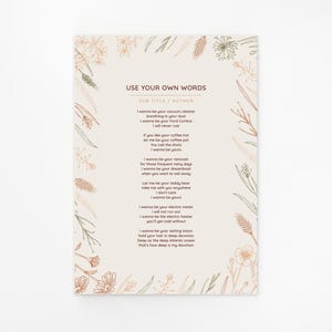 Personalised Floral Illustration Poem Print. Use your Own Words. Custom Made. Lyrics Poster Wedding Anniversary Funeral Reading Gift