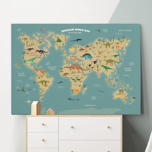 Dinosaur World Map Gepersonaliseerde Print - Op maat gemaakte mijlpaal, dier, dinosaurusprint, gepersonaliseerde grafische kinderkaart