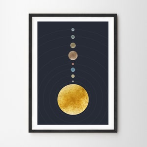 May include: A watercolour painting of a solar system with a large yellow sun and smaller planets in shades of blue, brown, and grey.