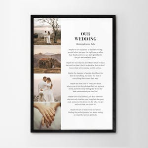 May include: A wedding announcement featuring a collage of photographs of a couple in Montepulciano, Italy. The text reads "Our Wedding" and includes a quote about love and finding the right person.