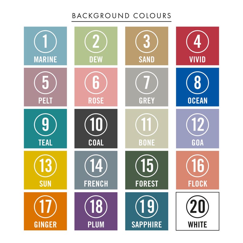 May include: A chart with 20 color swatches, each with a number and a name. The colors range from light blue to dark purple. The chart is titled "Background Colors".