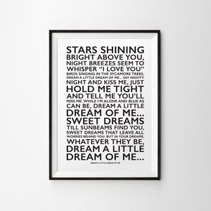 Dream A Little Dream Song Testo in bianco e nero Stampa senza cornice Art Home Wall Decor Monocromatico Contemporaneo Moderno