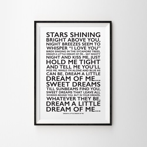 Dream A Little Dream Song Texte noir et blanc Impression sans cadre Art Home Wall Decor Monochrome Contemporain Moderne