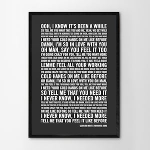 May include: Black and white printable wall art featuring the lyrics to the song "Cold Hands (On Me Like Before)" by the band, The 1975. The lyrics are printed in a bold, sans-serif font.