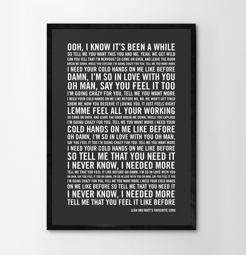 May include: Black and white printable wall art featuring the lyrics to the song "Cold Hands (On Me Like Before)" by the band, The 1975. The lyrics are printed in a bold, sans-serif font.