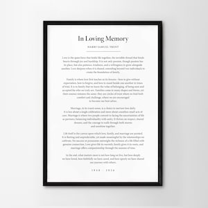 Puede incluir: Impresión enmarcada con el texto "In Loving Memory" de Harry Samuel Trent. El marco negro rodea un fondo blanco con texto negro que detalla el significado del amor, la familia y el matrimonio. Los años 1948-2026 están en la parte inferior.