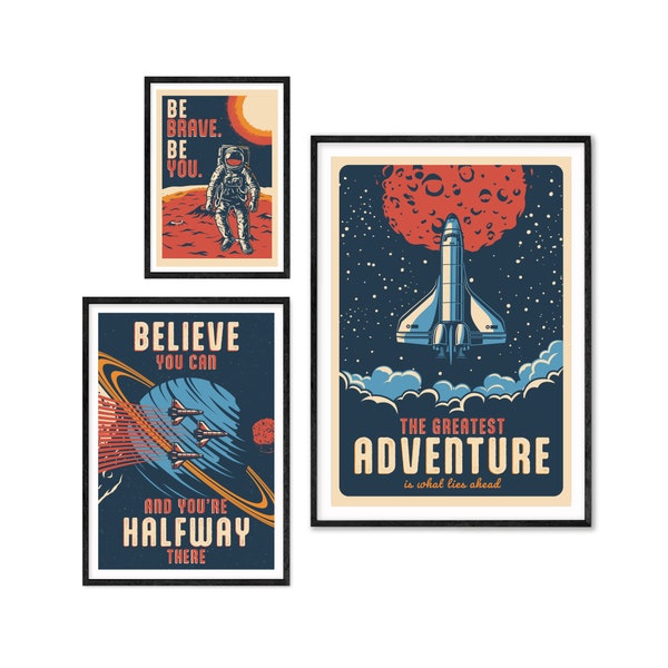 Unframed Space Theme Set of 3 Prints Prints for Kids Bedroom, Contemporary prints, Home Wall Decor. Art. Motivational Quote.