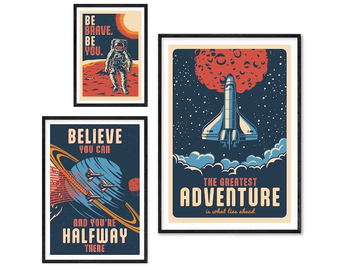 Unframed Space Theme Set of 3 Prints Prints for Kids Bedroom, Contemporary prints, Home Wall Decor. Art. Motivational Quote.