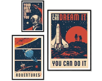 Set of 3 Unframed Space Prints modern Prints for home, Contemporary trio prints, Home Wall Decor. Kids Bedroom. Art. Motivational Quote.