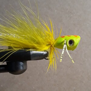 May include: A yellow and green frog lure with red spots and black eyes. The lure is attached to a black fishing rod.