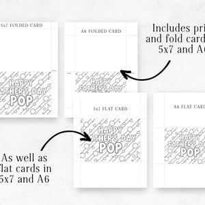 Pu&ograve; includere: Design di biglietto di auguri per la Festa del Pap&agrave; stampabile in bianco e nero. Il design presenta il testo "Happy Father's Day Pop" con un motivo a cerchi e linee. Il design &egrave; disponibile nei formati 5x7 e A6, sia piegato che piatto.