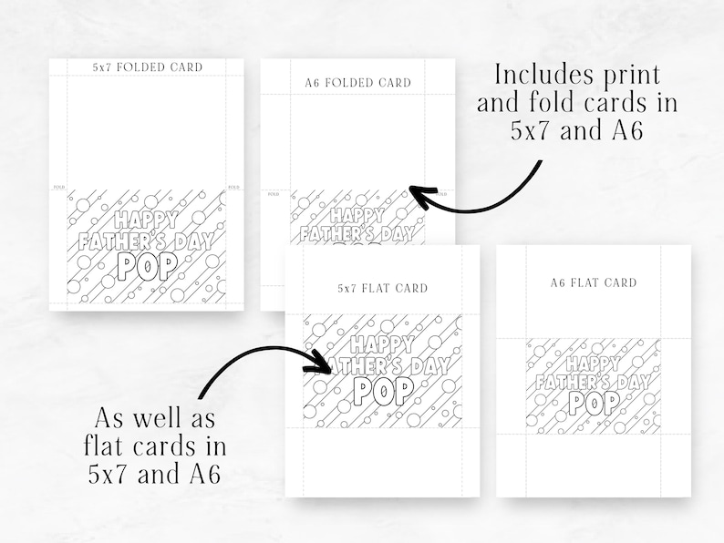 Pu&ograve; includere: Design di biglietto di auguri per la Festa del Pap&agrave; stampabile in bianco e nero. Il design presenta il testo "Happy Father's Day Pop" con un motivo a cerchi e linee. Il design &egrave; disponibile nei formati 5x7 e A6, sia piegato che piatto.
