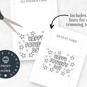 Op de afbeelding: Printbare Vaderdagkaart met een zwart-wit ontwerp met de tekst "Happy Father's Day" omringd door sterren. De kaart is verkrijgbaar in twee formaten: 5x7 gevouwen kaart en A6 platte kaart.
