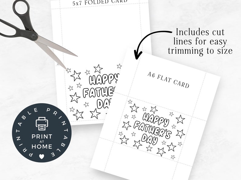 Op de afbeelding: Printbare Vaderdagkaart met een zwart-wit ontwerp met de tekst "Happy Father's Day" omringd door sterren. De kaart is verkrijgbaar in twee formaten: 5x7 gevouwen kaart en A6 platte kaart.