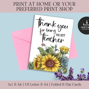 Teachers Day Card Sunflowers | Printable Card For Teacher | Teachers Appreciation Day | Teacher Thank You Card | Teacher Card Printable PDF