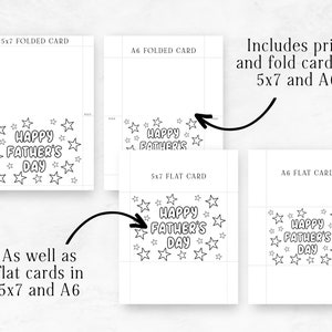 Op de afbeelding: Printbare vaderdagkaart sjablonen in de formaten 5x7 en A6. De kaarten hebben een zwart-wit ontwerp met de tekst "Happy Father's Day" omringd door sterren.