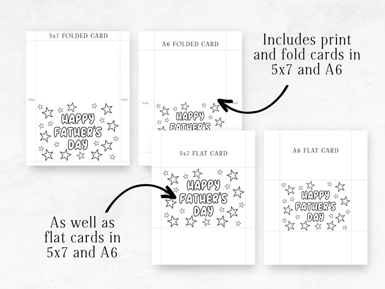 Op de afbeelding: Printbare vaderdagkaart sjablonen in de formaten 5x7 en A6. De kaarten hebben een zwart-wit ontwerp met de tekst "Happy Father's Day" omringd door sterren.