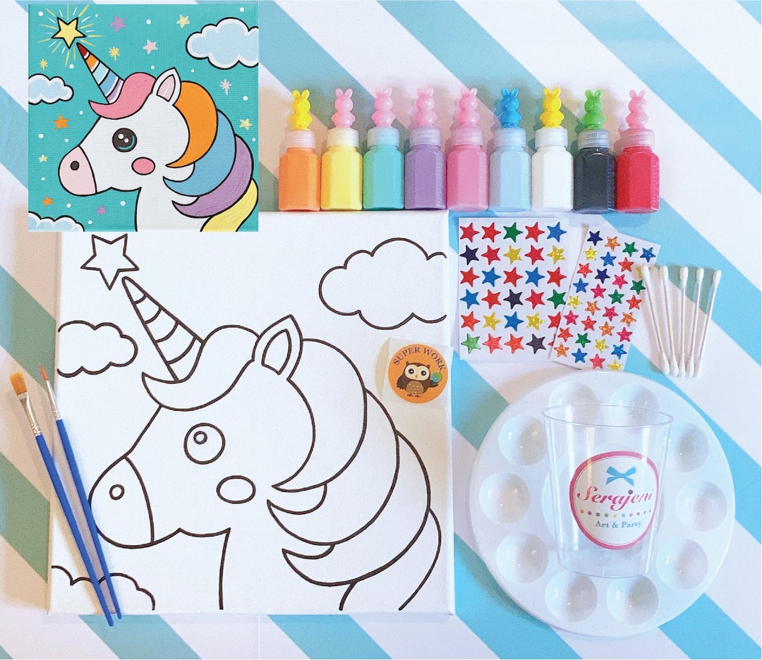 Unicorn Paint & Sip/ Pre Drawn/ DIY Paint Party/canvas/painting, DIY Gift/ Paint  and Sip at Home Kit DIY Kit, Gift for Kids, Party Kit 