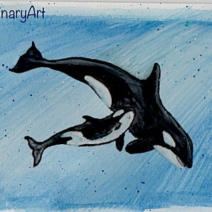 Original Watercolour Painting Print, Watercolor, Orca, Mother Orca and Calf, Art Print, Killer Whale, Mother, Mothers Day Gift, Moms