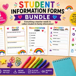 Może przedstawiać: Zestaw formularzy informacyjnych dla uczniów zawierający pięć stron do druku z grafikami tęczy i serc. Formularze obejmują informacje o uczniu, ankietę rodzinną, transport, kontakty alarmowe oraz informacje zdrowotne o wymiarach 21,59 na 27,94 cm.