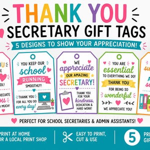 Peut inclure: Un ensemble de cinq étiquettes cadeaux imprimables et colorées pour secrétaires d'école, présentant divers messages de remerciement, avec des phrases comme Thank You For Being The Heart Of Our School, décorées de cœurs, de fournitures scolaires et d'icônes de bureau.