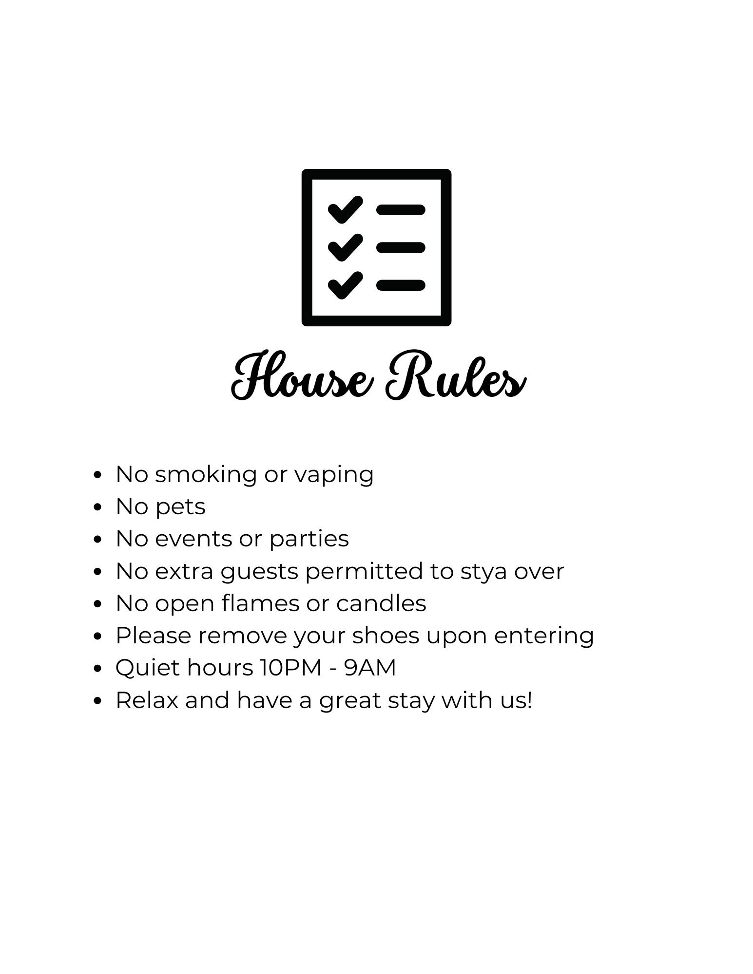 Airbnb VRBO House Rules Sign Printable Guest Arrival PDF Short Term