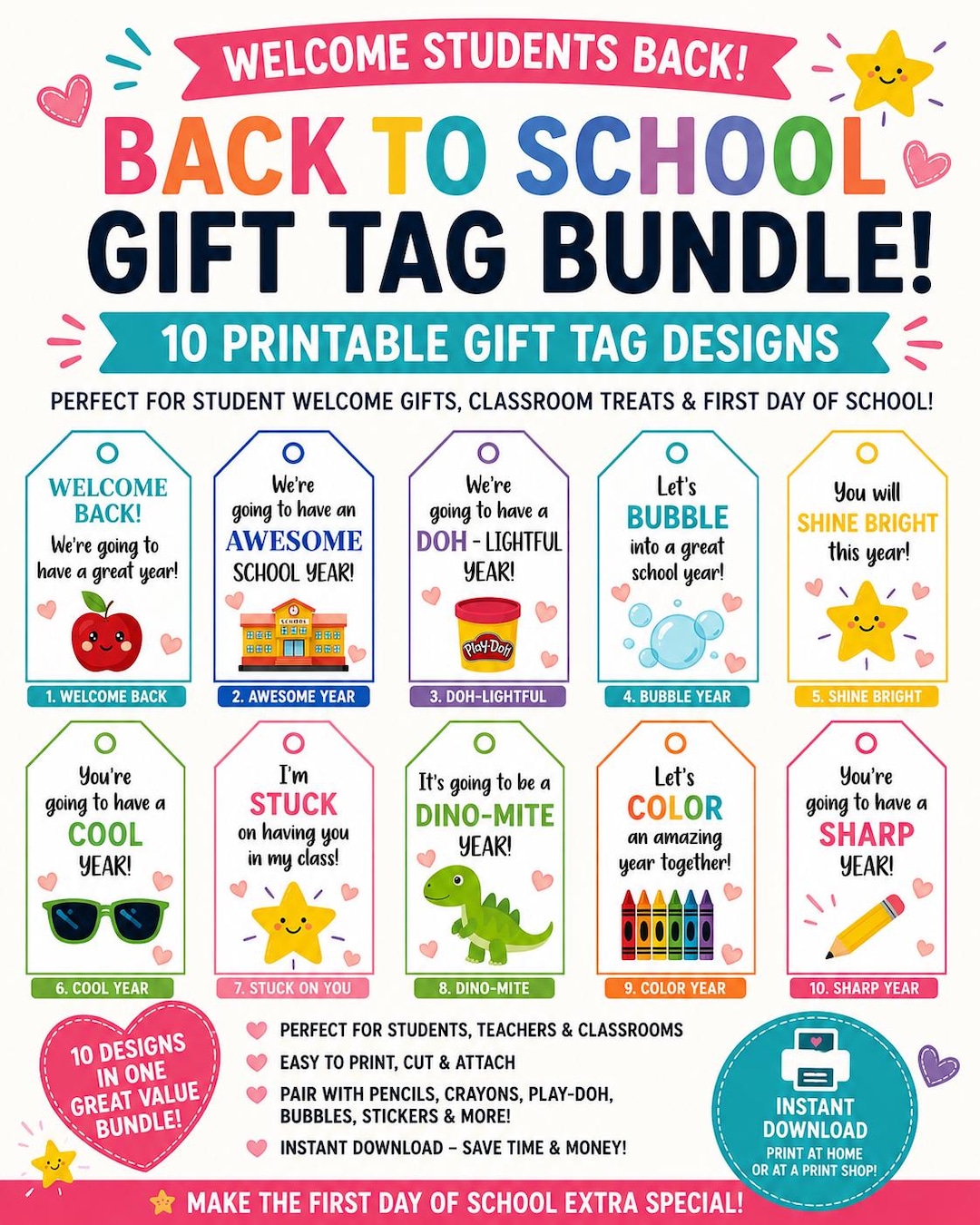 Back to School Gift Tag Bundle Printable | 10 Student Welcome Gift Tags ...