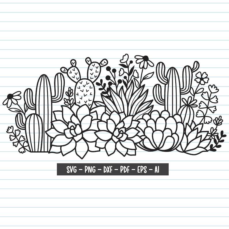 May include: Black and white line drawing of a variety of succulents and cacti. The illustration features a variety of shapes and sizes of succulents, including rosettes, pinwheels, and clumps. There are also several cacti, including a tall, slender cactus with spines and a shorter, round cactus with a cluster of spines.