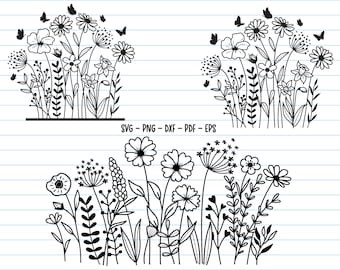 Wildflower SVG-bestanden, bloemenweide SVG, bloem SVG, bloemenrand SVG, wilde bloemen clipart, wilde bloemen SVG voor shirt, botanische SVG, png.