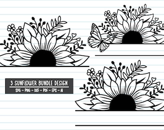 Sunflower Split Monogram SVG Bundle: Floral Clipart (Digital File)