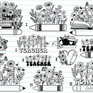 Peut inclure: Illustrations en noir et blanc avec des motifs floraux, des livres, des crayons et le mot "Teacher". Les images incluent des papillons et des &eacute;l&eacute;ments scolaires, parfaits pour les cadeaux de remerciement aux enseignants.